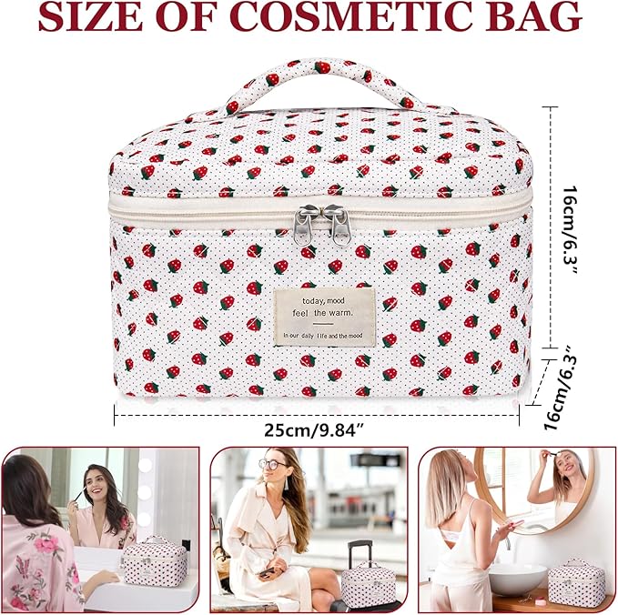 Gosect Large Makeup Bag, Cute Cosmetic Bag for Women Girls, Floral Coquette Aesthetic Toiletry Bag, Travel Make Up Organizer Bag (Strawberry)