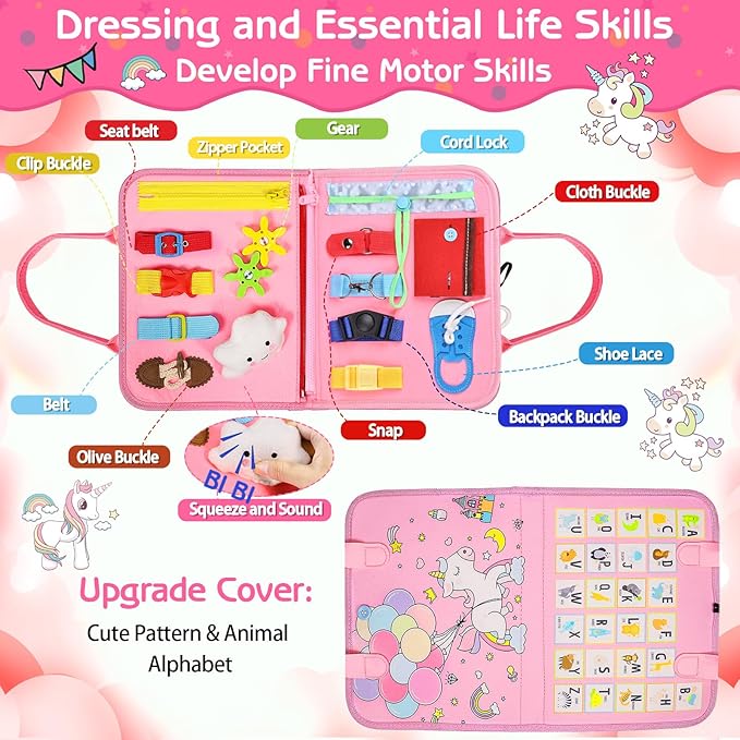 Esjay Toddler Busy Board Montessori Toys for Girls, Sensory Book Educational Activities for Learning Fine Motor Skills, Birthday Gifts for Girls Toddlers, Travel Toys for Airplane Car, Fairy Horse