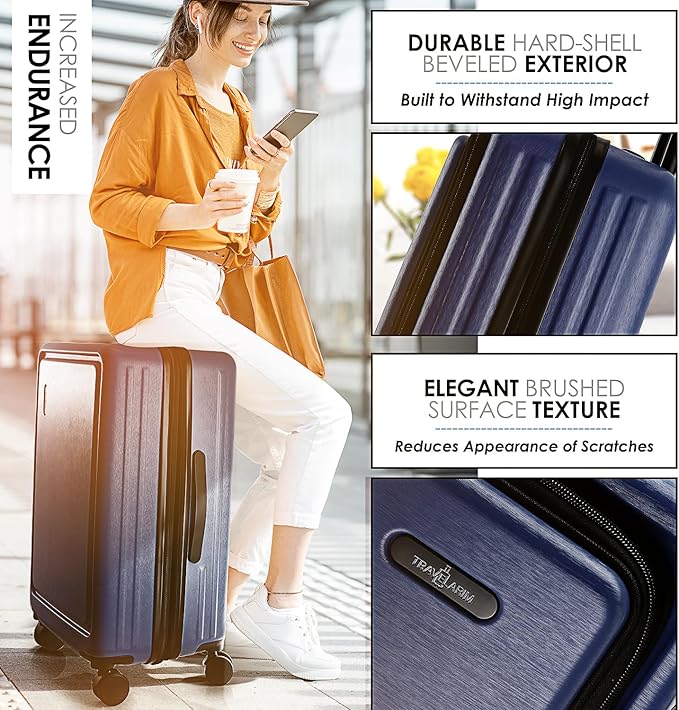 TRAVELARIM Navy Hardshell Luggage Sets 4 Piece, Durable Suitcase Set, Travel Luggage Set with Integrated TSA Lock, 360° Spinner Wheels, Expandable Medium and Large Checked Suitcase, 20/24/28 Inch