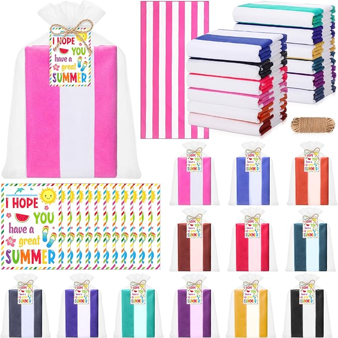 Hahafelt 12 Sets Striped Beach Towels Summer Gift Set 30" x 60" with Cards Organza Bags & Jute Rope, Quick Dry Large Pool Bath Towels Multi-Color for Summer Beach Gifts Swimming Pool Travel Hotel