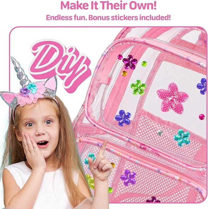 Bagseri Clear Backpack for Girls - 15 Inch Heavy Duty Kids Clear Bookbag for Kindergarten to Grade 2, Transparent School Bag with Reflective Strip, Fits Folders, Pink Unicorn