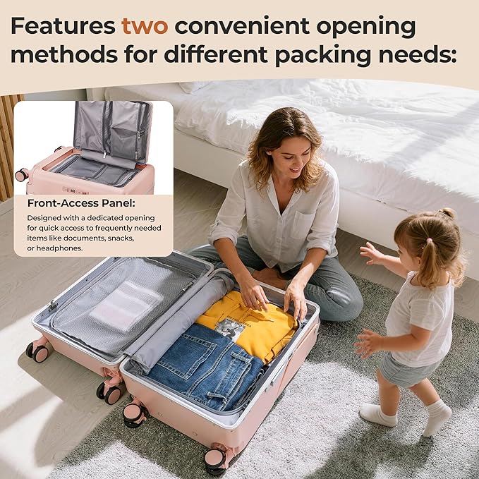 20" Ride-On Luggage with Child Seat, Hardside Carry-On Suitcase with Front Access Shockproof Silent Spinner Wheels, TSA Lock, Charging Port for Kids & Adults & Busy Moms