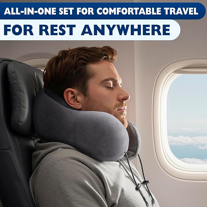 Plane Neck Pillow for Long Flights – 4-in-1 Set | Adjustable 100% Memory Foam Gray Airplane Pillow Neck Support, 3D Eye Mask, Earplugs, & Soft Washable Cotton Cover, Button Closure – Comfort Traveling