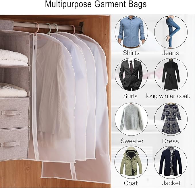 Garment Bags, Set of 5 Lightweight 33 Inch Suit Bags with Full Stainless Steel Zipper, Garment Bags for Storage/Closet/Travel (Translucent, 24 x33 Inches)