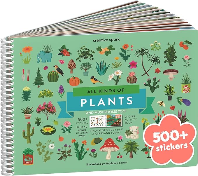 Plants and Mushroom 500+ Kids Sticker Book by Cupkin Toddler Airplane Travel Activity Coloring and Sticker Book, Road Trip Essentials, 12 Coloring Pages 12 Scenes for Ages 2–8 Years