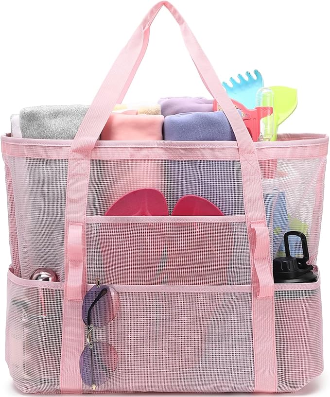 Fammart Mesh Beach Bag with Zipper, Large Beach Tote for Women, Toys Pool Swim Bag Travel Vacation Cruise Essentials