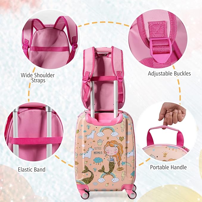 BABY JOY 2 PC Kids Carry On Luggage Set, 18" Toddler Trolley Case & 12" Backpack with Hard Shell & Rolling Wheel Design, Kids Suitcase for Boys Girls (Mermaid)