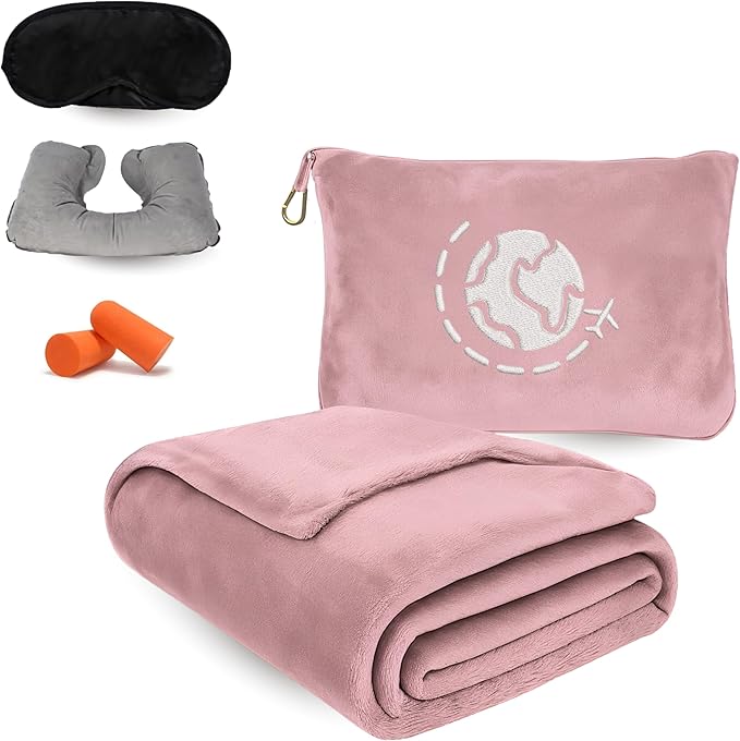Travel Blanket and Pillow Compact – 4-in-1 Soft Fleece Airplane Blanket with Bag Pillowcase, Neck Pillow, Eye Mask & Earplugs, Lightweight Portable Flight Blanket 60"x43" (Pink)