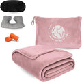 Travel Blanket and Pillow Compact – 4-in-1 Soft Fleece Airplane Blanket with Bag Pillowcase, Neck Pillow, Eye Mask & Earplugs, Lightweight Portable Flight Blanket 60"x43" (Pink)