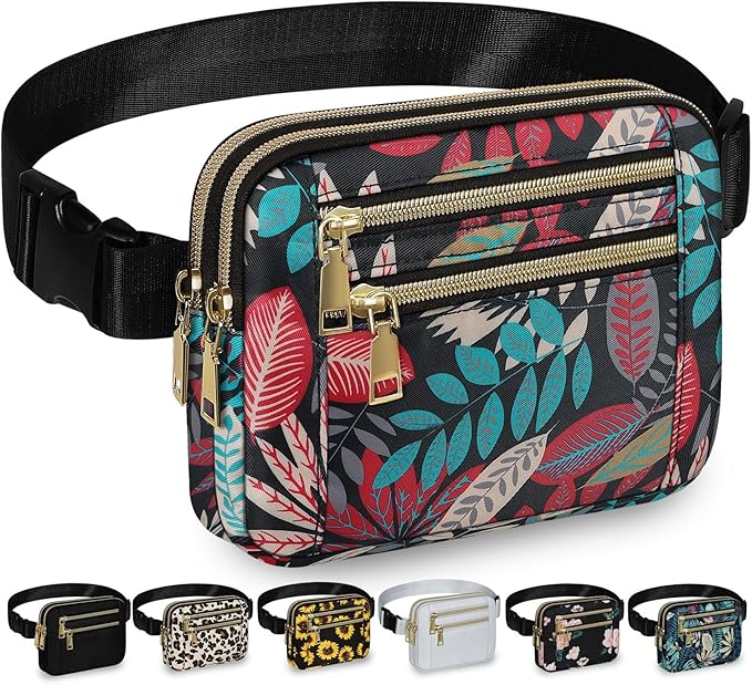 Capolo Fanny Packs for Women Fashion Waist Packs Bag with Adjustable Strap and 4 Zipper Pockets Waterproof Everywhere Crossbody Belt Bag for Workout Running Travelling(Red Leaves)