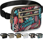 Capolo Fanny Packs for Women Fashion Waist Packs Bag with Adjustable Strap and 4 Zipper Pockets Waterproof Everywhere Crossbody Belt Bag for Workout Running Travelling(Red Leaves)
