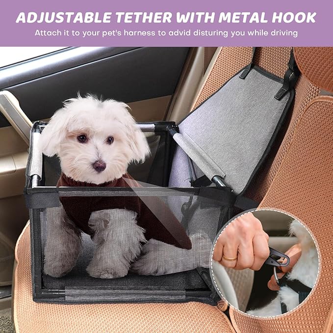 GENORTH Small Dog Car Seat - Portable Puppy/Pet Booster Seat with Clip-On Leash and Mesh Window for Small Pets Up to 11 lbs