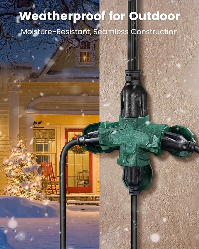 SURAIELEC Outdoor 3 Way Plug Adapter, Multi Plug Outlet Waterproof, 1 to 3 Power Splitter, Electrical 15A Multiple Outlet Extender with Cover for Outside Garden Garage, Green, ETL Listed, 3 Pack