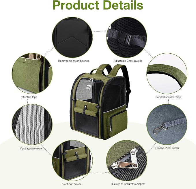 Large Cat Backpack Carrier Expandable Pet Carrier Backpack for Small Dogs Medium Cats Fit Up to 18 Lbs, Dog Backpack Carrier, Foldable Puppy Backpack Carrier for Travel, Hiking,Dark Green