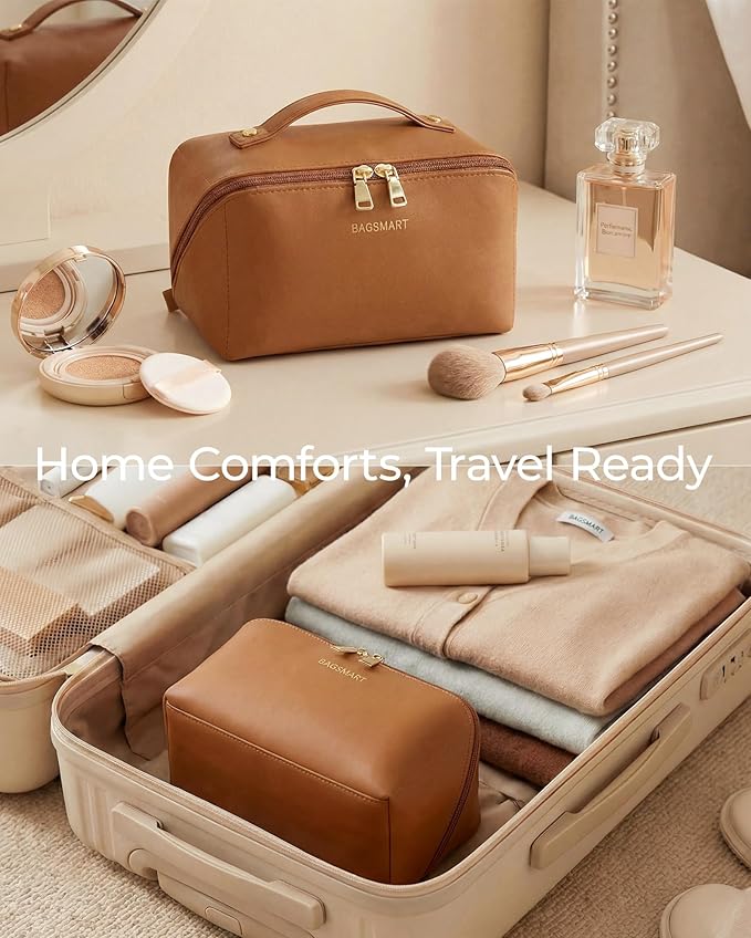 BAGSMART Makeup Bag Travel Cosmetic Bag, Large Make Up Bag Flat Open Toiletry Bag for Women, PU Leather Travel Essentials Organizer Case, Wide-open Pouch Purse for Skincare, Brushes, Cream Beige