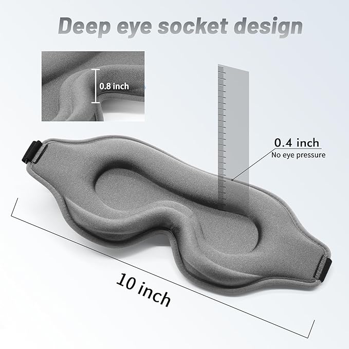 Sleep Eye Mask for Men Women, Sleeping Mask for Side Sleeper, Travel Blackout Night Blindfold Eye Shade Cover with Adjustable Strap (Grey)