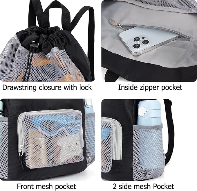 Swim Bag for Kids Mesh Beach Backpack for Boys Lightweight Drawstring Beach Bag Swimming Pool Sports Gym String Bag (Black)