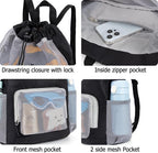 Swim Bag for Kids Mesh Beach Backpack for Boys Lightweight Drawstring Beach Bag Swimming Pool Sports Gym String Bag (Black)