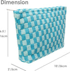 PAZIMIIK Knitted Checkered Makeup Bag Large Zipper Make Up Accessory Pouch for Purse Cosmetic Brush Bag for Travel Essential Lake Blue