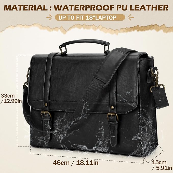 IGOLUMON Messenger Bag for Men 18 inch Vintage Leather Waterproof Laptop Briefcase Large Computer Laptop Bag Leather Satchel Bag Retro Shoulder Bag for Office Business Travel College, Black