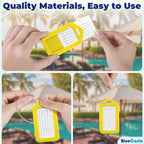 BlueCosto - Luggage Tags - Yellow, 10 Pack - Suitcase Tags with Name ID Card & Heavy-Duty Metal Wire Loops - Bright Colored PVC Identifiers for Travel Baggage - Backpack Name Labels