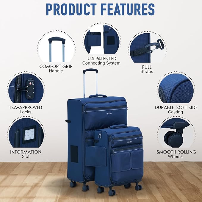 TACH LITE Samba Soft Connectable 2 Piece Luggage Sets - 20 & 28 inch Luggage | Small Carry On & Large Checked Suitcases Patented Built-In Connecting System | Rolling Suitcase Links 6 Bags (Navy Blue)