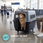 SportPet Airline Compliant X-LARGE 35.5" Travel Dog Kennel-Durable Plastic Airline Pet Carrier w/Removable Wheels & Food Bowls, Collapsible Indoor/Outdoor Dog Kennel, Dogs up to 32"L & 23"H-Dark Gray