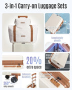 LIGHT FLIGHT 3-Piece Luggage Sets, Expandable Carry On Luggage 22x14x9 Airline Approved, Hardside Carry On Suitcases with Wheels, TSA Lock Travel Luggage Sets, Beige and Brown