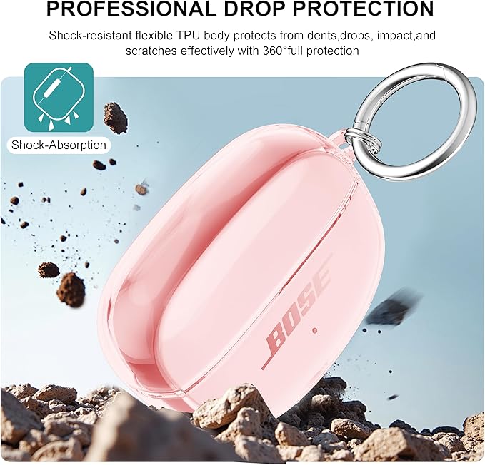 Aircawin for Bose Ultra Open Earbuds Case Clear 2024,Full Protective Shockproof Soft Transparent TPU Cover for Bose Open Ear Wireless Earbud Headphone Accessories with Carabiner and Cleaning Pen-Pink