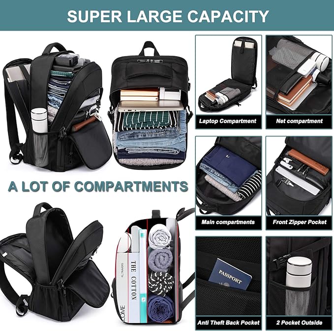 Extra Large Backpack for Men 50L,Water Resistant 17.3 inch Travel Laptop Backpack with USB Charging Port,TSA Friendly Big Business Anti Theft Computer Bag Work College School Bookbags Gifts,Black