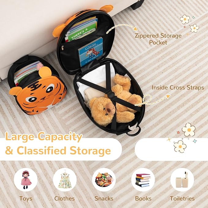 HONEY JOY Kids Luggage, 12” Children Hardshell Backpack & 16” Toddler Travel Rolling Suitcase, 2 Pcs Lightweight Carry On Luggage Set, Kids Luggage with Wheels for Girls & Boys(Orange Tiger)