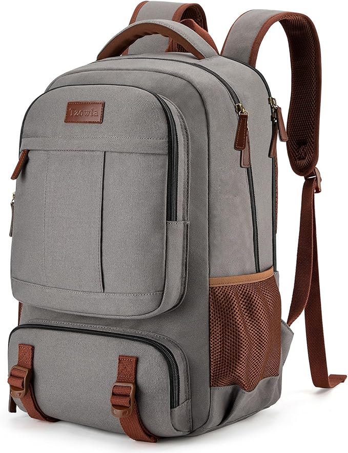 Tzowla Canvas Laptop Backpack, Bag for Men Women,Travel Work Rucksack Fits 17.3 Inch Laptop, Large Capacity Bookbag(Khaki- Grey)