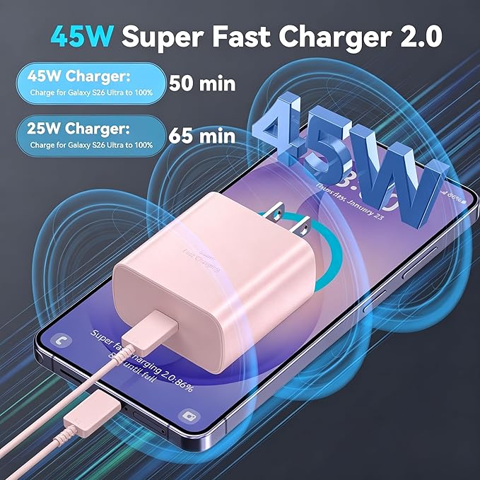 45W Super Fast Charger USB Type C Charger Cord 6.6FT with Android Phone Charger Fast Charging Block for Samsung Galaxy S26/S26 Ultra/S26+/S25/S25 Ultra/S25+/S24/S23/S22/S20/S21/Note 20/Note 10, Pink