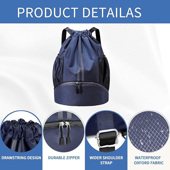 JELUTAR Drawstring Backpack Gym Bag with Shoes Compartment for Soccer, Basketball, Swim, Water-Resistant String Backpack Beach Cinch for Women Men, Navy Blue