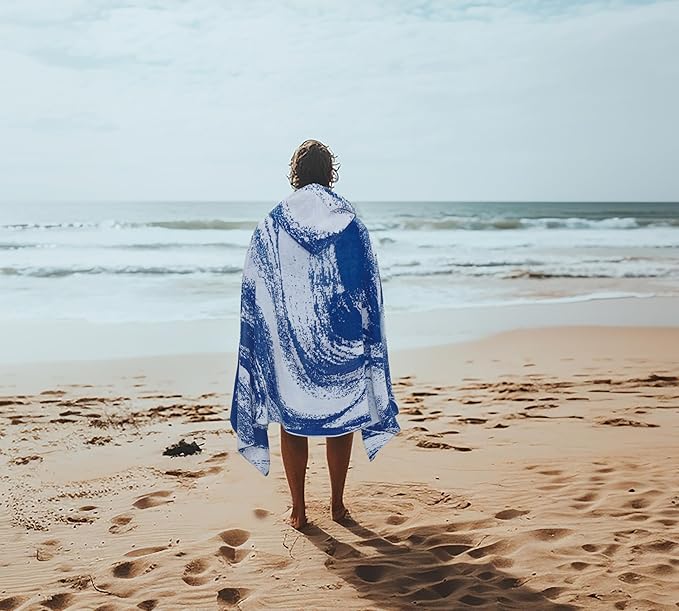 COTTON CRAFT Hooded Beach Towel – Oversized 35 x 70 Towel with Hood for Adults - Summer Wave - 100% Cotton Velour Terry Jacquard Towel - Pool Bath Wrap - 450 GSM - Soft Absorbent Quick Dry – Blue