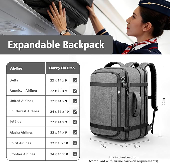 Spacious Carry On Backpack,Expandable Large 1-7DAYS Capacity Travel Backpack with Cable Access Port,Fits 18.4" Laptop,Anti Theft Water Resistant Work Backpack for Men Women,Extended Travel Work,Grey