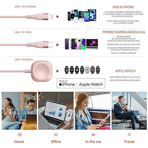 Apple Watch Charger 6FT Multi Charging Cable, Magnetic Nylon Braided USB C Port to Lightning Type-C Cord 3 in 1 Charging Wire for Airpods iPhone iPad iWatch Phone