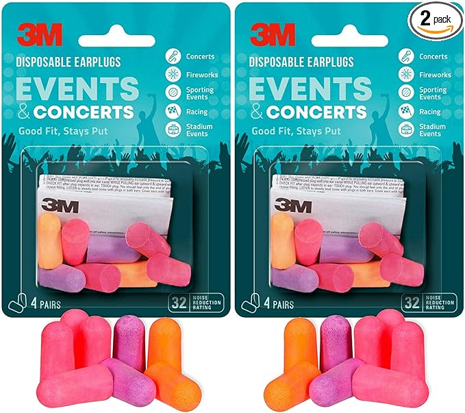 3M Disposable Earplugs Events & Concerts, 4 Pairs (8 Total Plugs), Noise Reduction Rating (NRR) 32 dB, Good Fit, Stays Put, Soft & Smooth Ear Plug Design, Easy Insert & Remove (EPEC-4BC-SIOC), 2-Pack