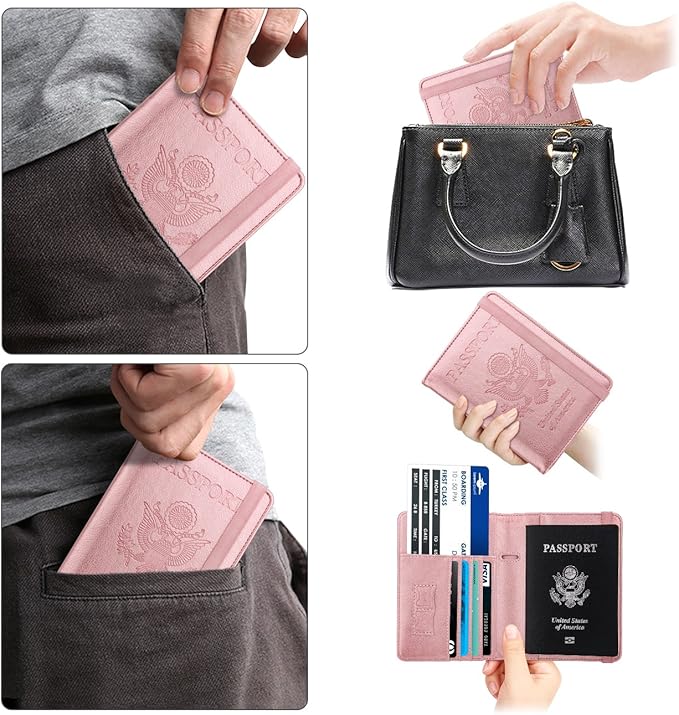 WALNEW Passport Holder for Travel, RFID Passport Cover Wallet for Women Men, PU Leather Passport Book Card Holder Case with Pen (Elastic Band Closure, AA-Brown+Rosegold)