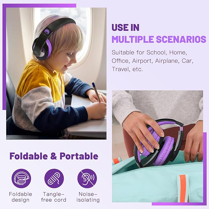 rockpapa Comfort Kids Headphones for School, Lightweight Foldable Portable Childs Boys Girls Teens Headphones Wired 3.5mm with 4.9ft Cord for Travel Airplane Tablet Phone Pad Laptop Black/Purple