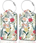 2Pack Luggage Tags for Suitcases, Cute Unique Pu Leather Cruise Luggage Tag with Privacy Cover ID Label Address Card and Metal Ring Suitable for Women Men Kids Travel Bag Red Flowers and Green Leaves