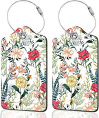 2Pack Luggage Tags for Suitcases, Cute Unique Pu Leather Cruise Luggage Tag with Privacy Cover ID Label Address Card and Metal Ring Suitable for Women Men Kids Travel Bag Red Flowers and Green Leaves