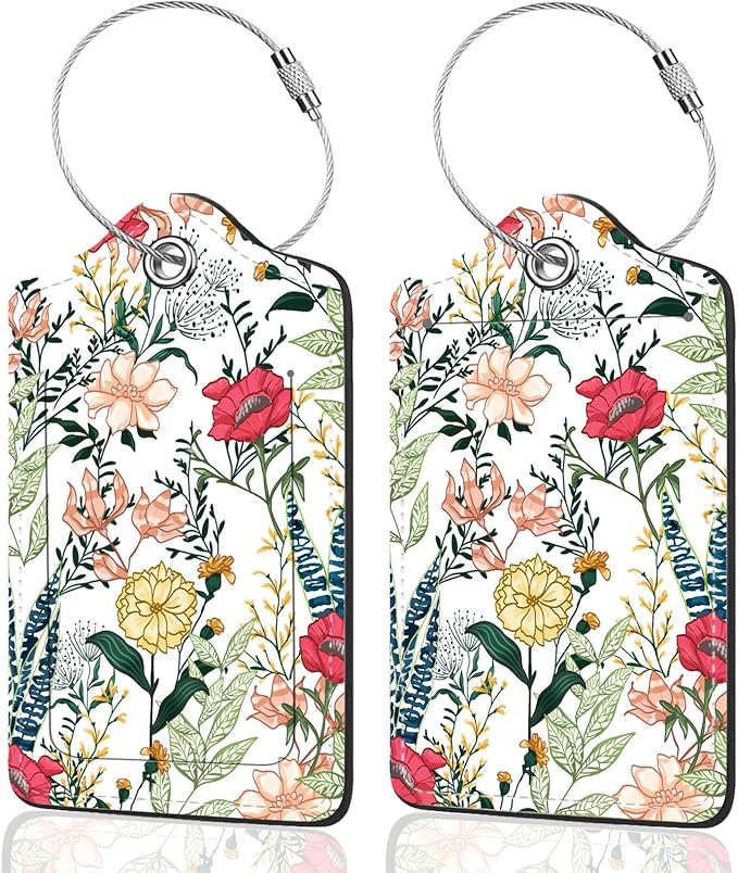 2Pack Luggage Tags for Suitcases, Cute Unique Pu Leather Cruise Luggage Tag with Privacy Cover ID Label Address Card and Metal Ring Suitable for Women Men Kids Travel Bag Red Flowers and Green Leaves