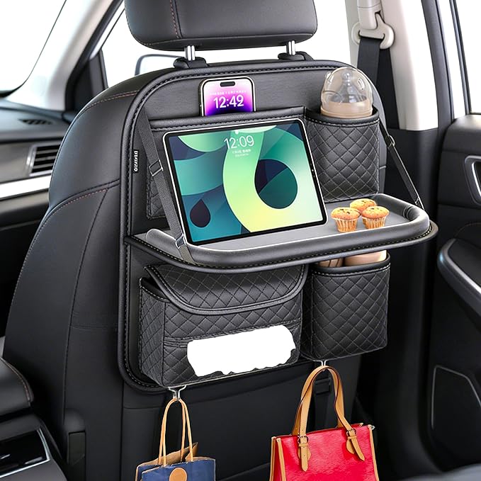 PU Leather Backseat Car Organizer with Foldable Tray & Tablet Holder, Luxury Diamond Stitching Design, Universal Car Seat Storage Organizer for Kids & Family Travel Accessories, Black