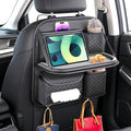 PU Leather Backseat Car Organizer with Foldable Tray & Tablet Holder, Luxury Diamond Stitching Design, Universal Car Seat Storage Organizer for Kids & Family Travel Accessories, Black