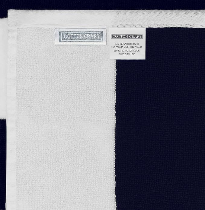COTTON CRAFT Hooded Beach Towel - Oversized XXL 35x84 Towel with Hood for Adults - The Big Kahuna 7 Foot Beach Blanket Towel - Big & Tall Soft 100% Cotton Velour - Pool Bath Wrap - Cabana Stripe Navy