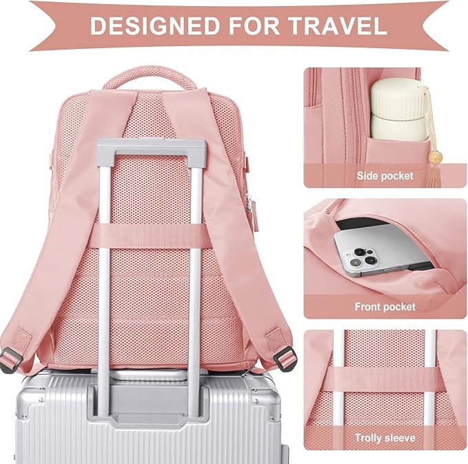 WONHOX Large Travel Backpack Women, Carry On Backpack,Hiking Backpack Waterproof Outdoor Sports Rucksack Casual Daypack with USB Charging Port Shoes Compartment,Pink…