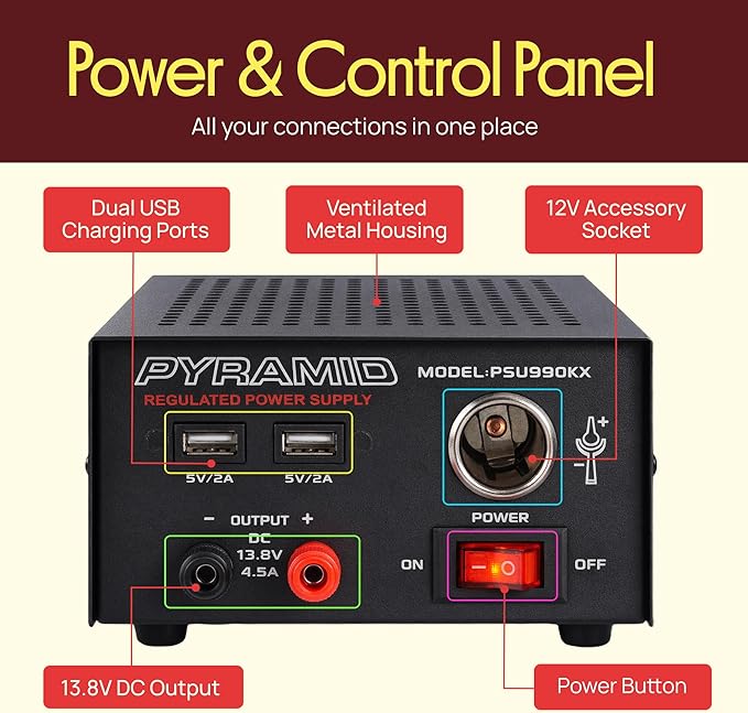 Universal Compact Bench Power Supply - 7 Amp Regulated Home Lab Benchtop AC-Dc Converter Power Supply for CB Radio, HAM W/ 13.8 Volt Dc 120V AC Supply, Dual USB, Cigarette Lighter - Pyramid PSU990KX