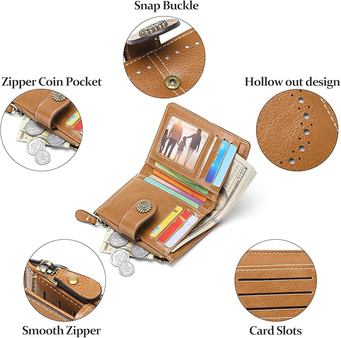 Small Wallet for Women Bifold Credit Card Holder RFID Blocking with Zipper Pocket