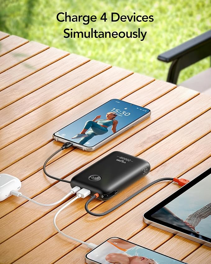 VIYISI Portable Charger 20000mAh 30W Fast Charging, Power Bank with Built-in Cables & LED Display, USB C Battery Pack for iPhone 16/15/14/13, Samsung, iPad and Android Phones, Ideal for Travel -Black